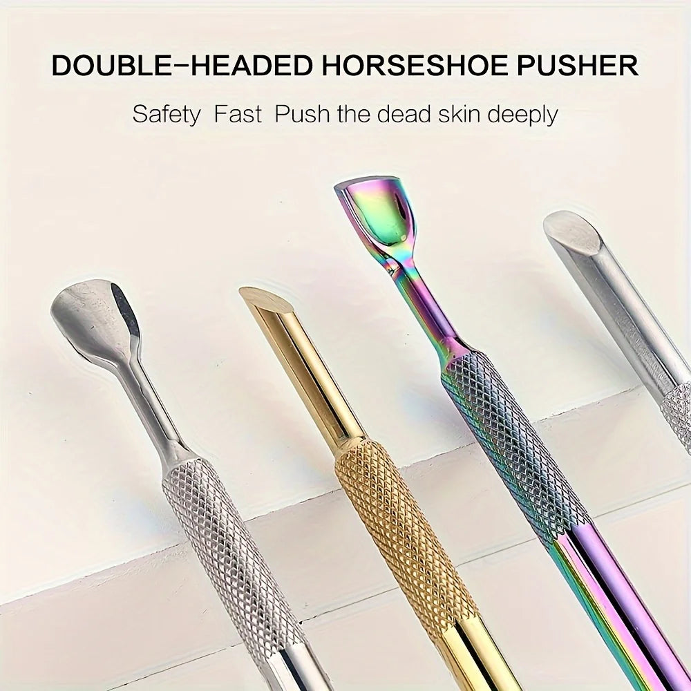 Russian-Style Double-Headed Horseshoe Steel Pusher Stainless Steel Angled Manicure Steel Pusher Pre-Treatment Tool for Removing
