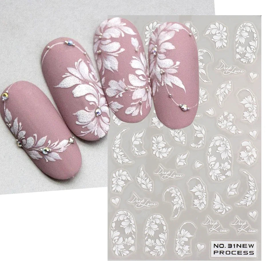 White Lace Flower Nail Art Sticker Acrylic Floral Charm Adhesive Sliders Elegant Wedding Bride Simple Line Design Manicure Decal