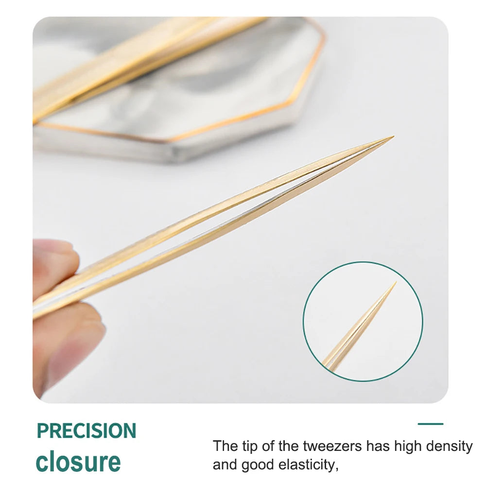 Eyelash Tweezers Professional Golden Stainless Steel High Precision Tweezer for Volume Fans Lashes Extensions Makeup Tools