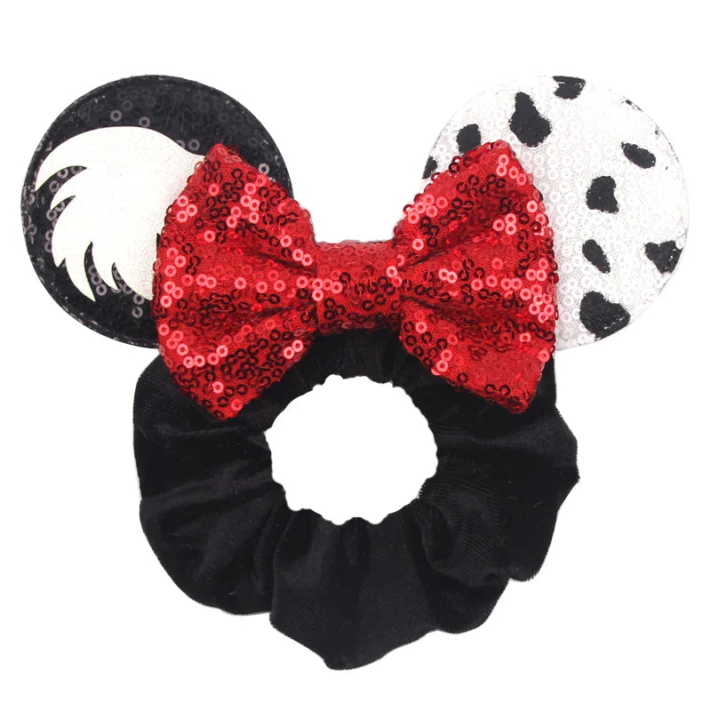 Disney Mouse Ears Velvet Scrunchies Hairband Women Elastic Ponytail Holder Girls Sequin Bow 2023 Kids Party DIY Hair Accessories