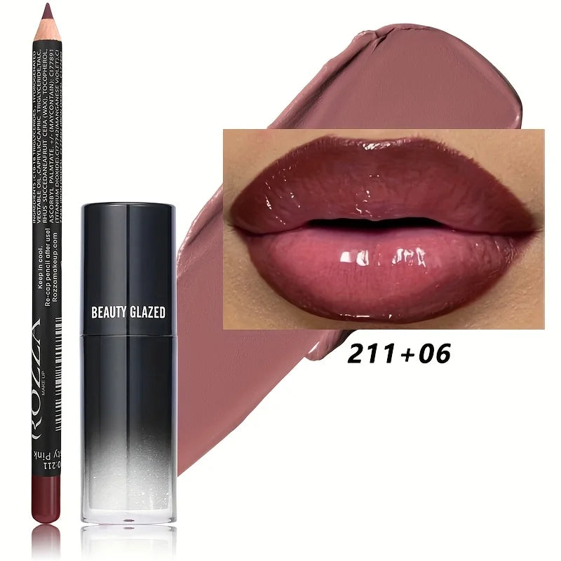 2pcs/Set Smooth Lip Liner+Lip Oil Set Lip Combo Waterproof Lip Liner Makeup, Long-Lasting Moisturizing Lip Makeup Lip Plump