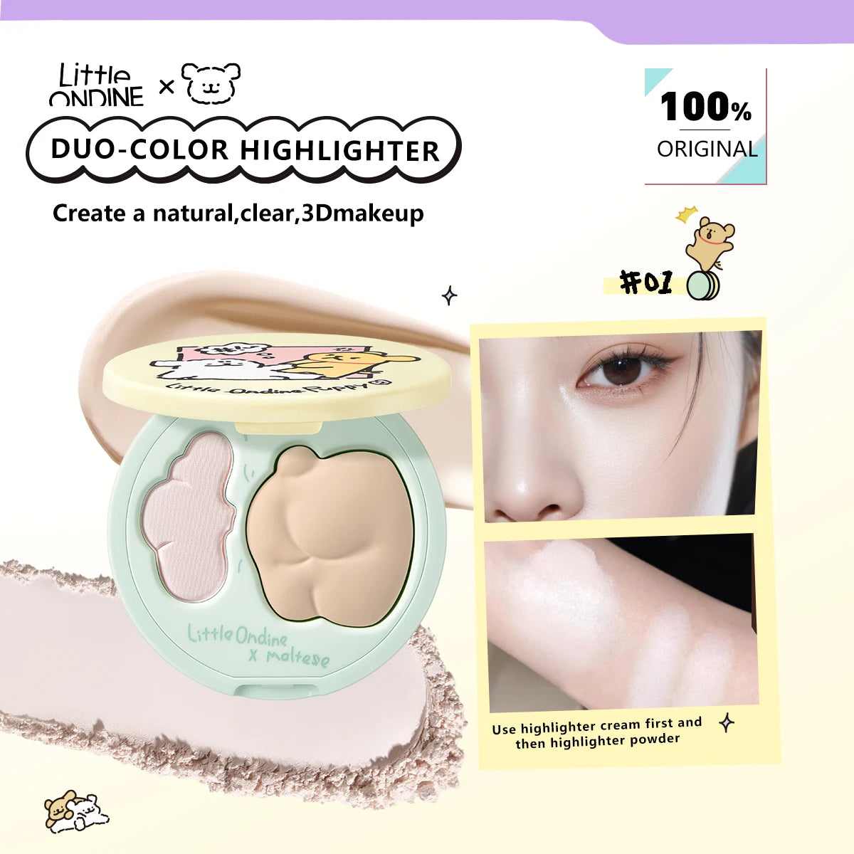 Little ONDINE Duo-Color Highlighter 01,Fine Shimmer Texture,Smooth&Minimal Fallout,Natural Dewy Glow,Face Brightening&Sculpting