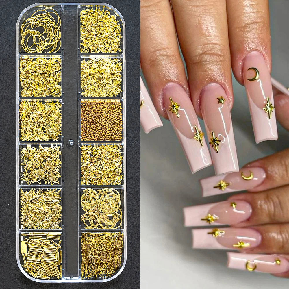 1000Pcs-12grids 3D Gold Silver Star/Cross Nail Rivet Studs Alloy Metallic Starlight Nail Charms Y2K 3d Cross/Star Manicure Rivet