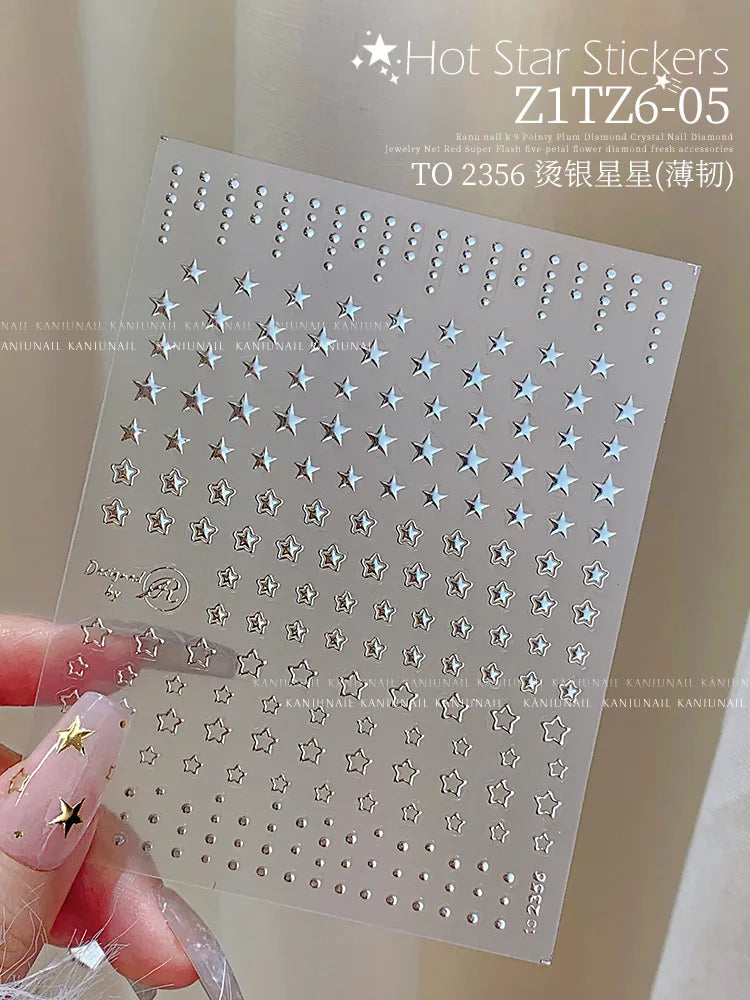 3D Gold Silver Star Nail Art Stickers Black White Crescent Moon Decals Self Adhesive Slider Polish Stickers Manicure Decoration