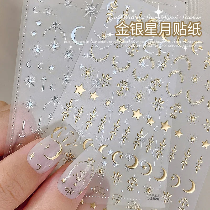 3D Gold/ Silver Star/Sun/Moon Bronzing Nail Art Sticker Laser Star Moon Styles Nail Decal Gold Silver Self-Adhesive Slider 1Pcs