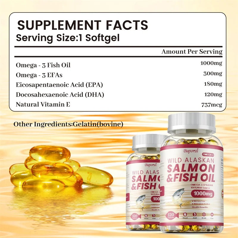 Salmon Fish Oil - Supports Brain and Nervous System, Cardiovascular and Skin Health, Antioxidant, Memory Enhancement