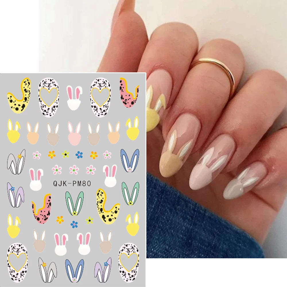 2pcs Easter Bunny 3D Nail Stickers Cartoon Cute Easter Eggs Rabbits Nail Decals Adhesive Nail Design DIY Decorations For Nails