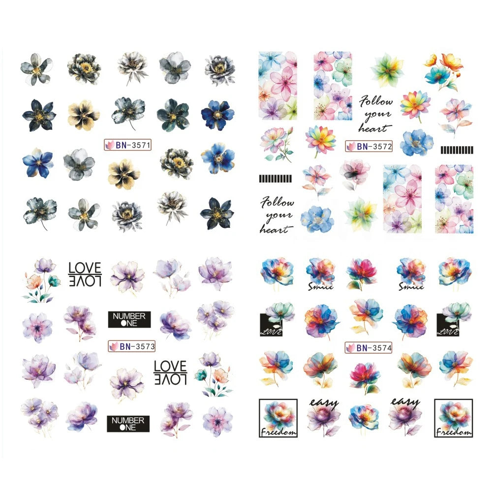 12 Design Ink Flowers Water Transfer Nail Stickers Decals Patchwork Animal Bear Nail Sliders for Women DIY Manicure Decorations