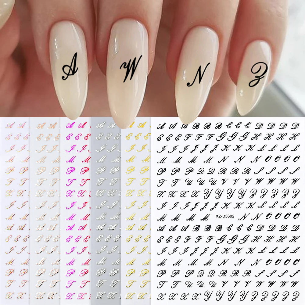 1Pc 3D Roman Letter Nail Stickers Gold/Silver/Black/Laser Alphabet Self Adhesive Decal Y2K English Words/Number Manicure Sliders
