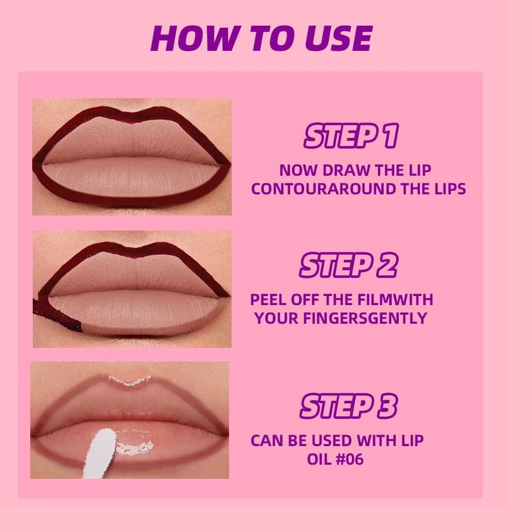 QIBEST Lip Liner Peel Off Tattoo Lipgloss Waterproof Lasting Lip Tint Red Brown Not Easy Fade Lip Stain Outline Contour Makeup