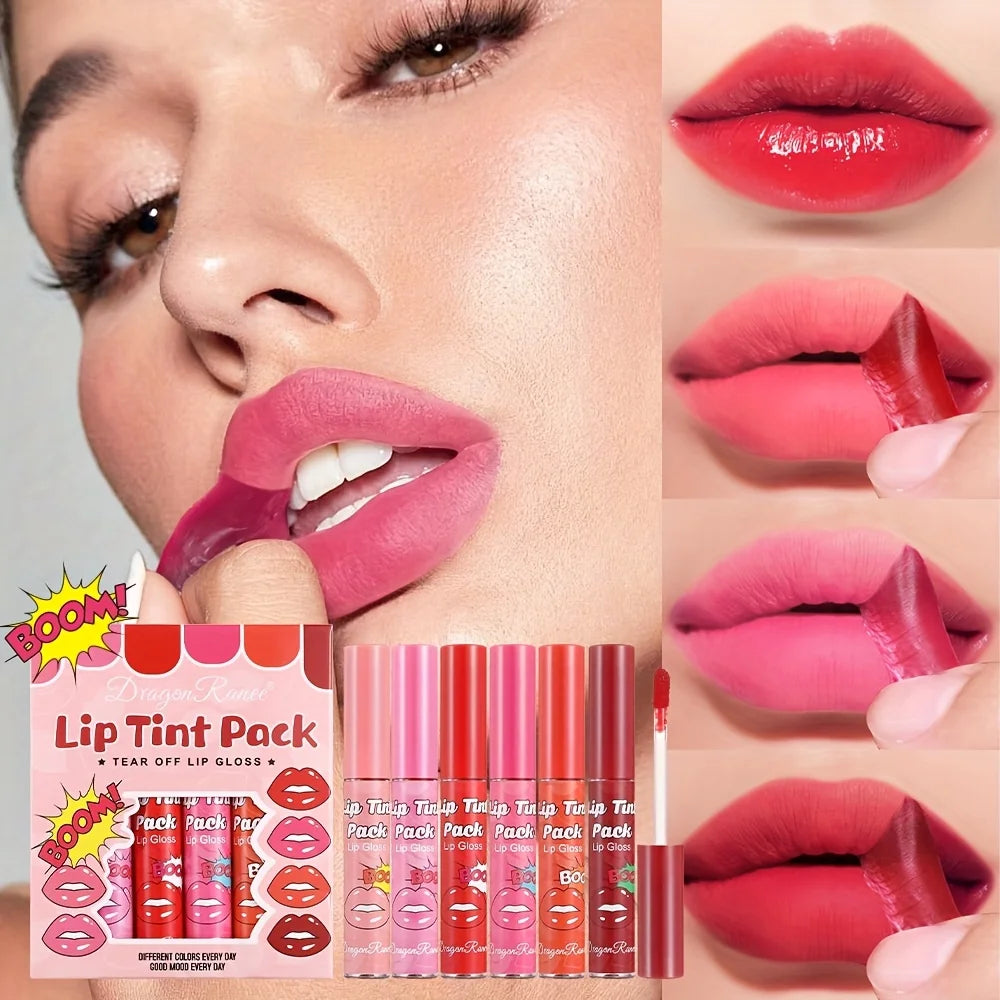 6-Piece Magic Lip Stain Set | Peel-Off Tint + Hydrating Mask | 12H Kiss-Proof Color | Lip Gloss Hybrid | Vegan & Non-Drying