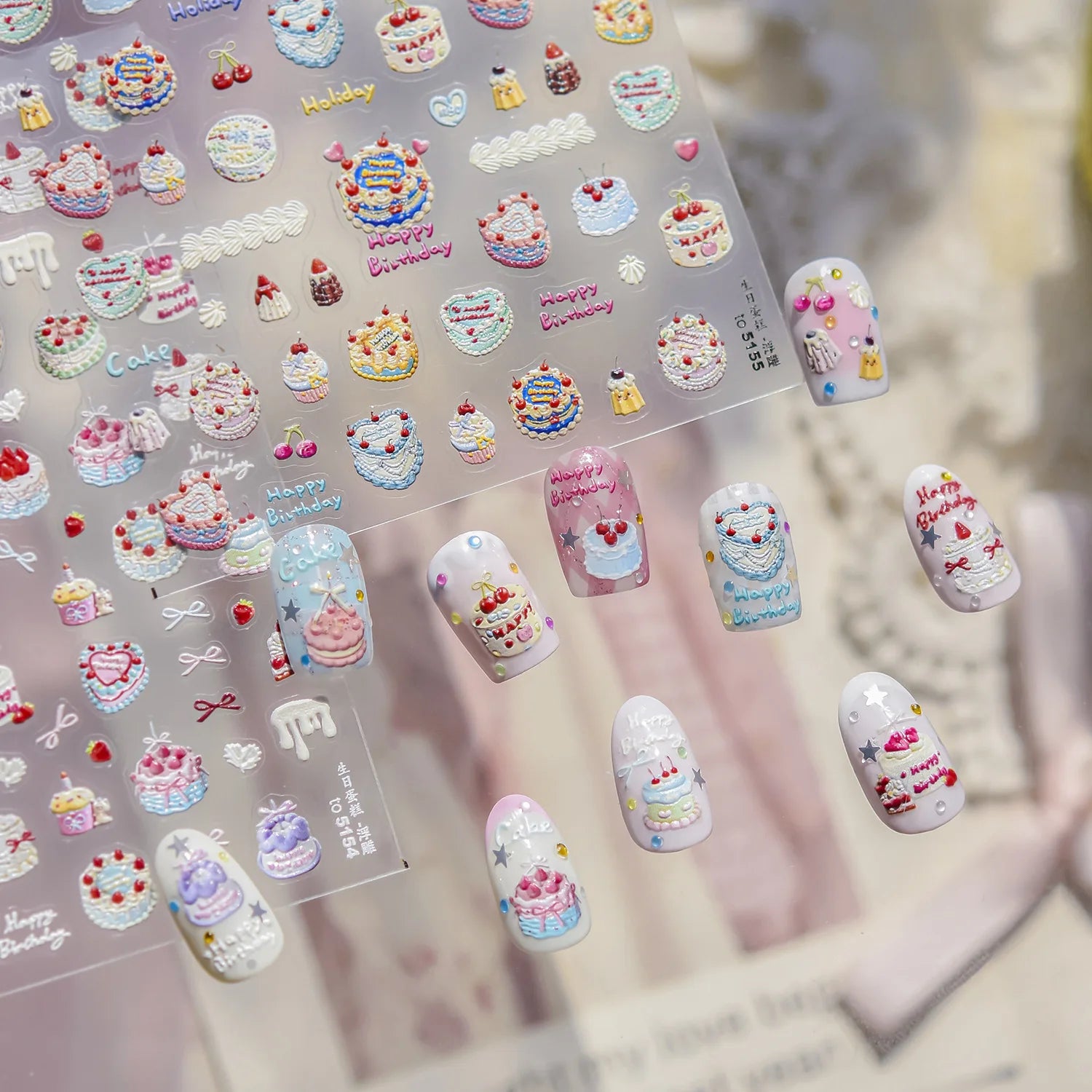 Happy Birthday Cake Stickers For Nails 5D Embossed Nail Sticker 3D Sweet Doughnut Cherry Adhesive Nail Art Decoration Decals DIY