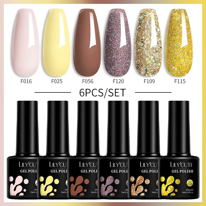 LILYCUTE 6PCs/Set Gel Nail Polish Set Kit Glitter Nail Gel Sequin Vernis Semi Permanent For Manicure Varnish UV LED Nail Art Gel