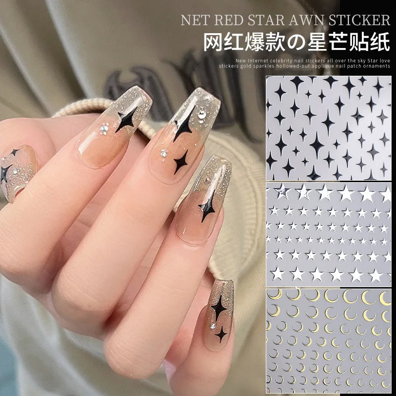 3D Gold Silver Star Nail Art Stickers Black White Crescent Moon Decals Self Adhesive Slider Polish Stickers Manicure Decoration