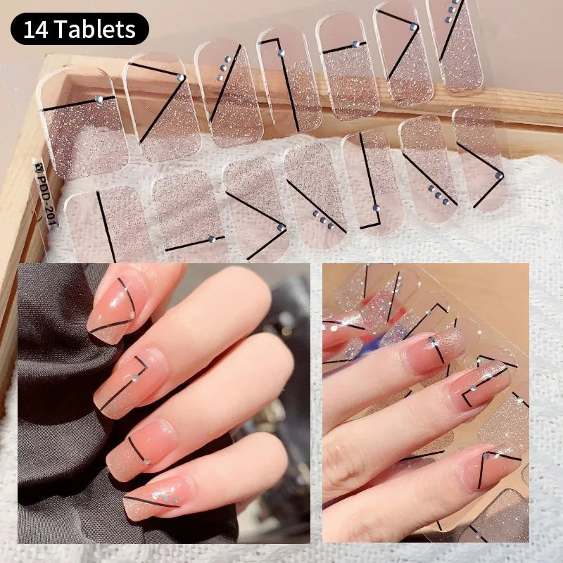 Pink Glitter Design Baking-free Nail Stickers French Style Solid Color Adhesive Full Cover Nail Strip Slider DIY Manicure Decals