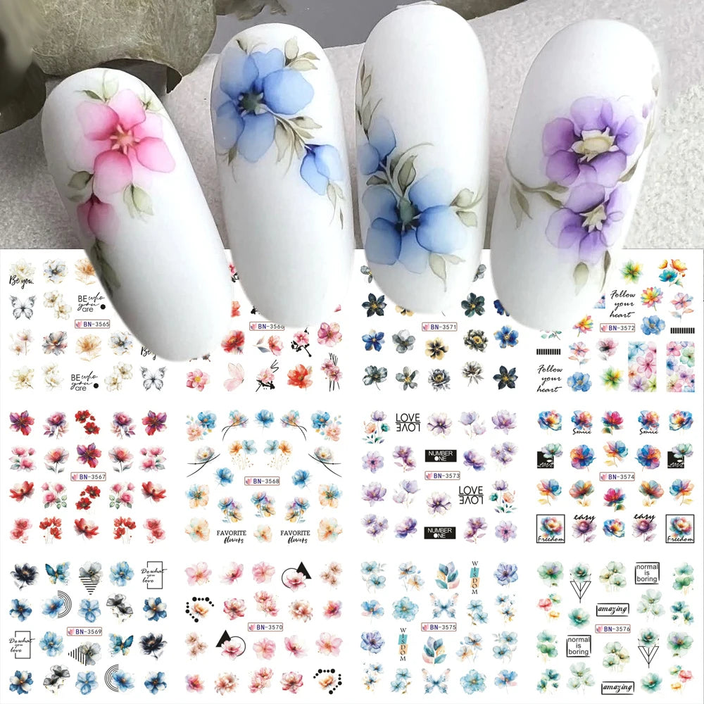 12 Design Ink Flowers Water Transfer Nail Stickers Decals Patchwork Animal Bear Nail Sliders for Women DIY Manicure Decorations