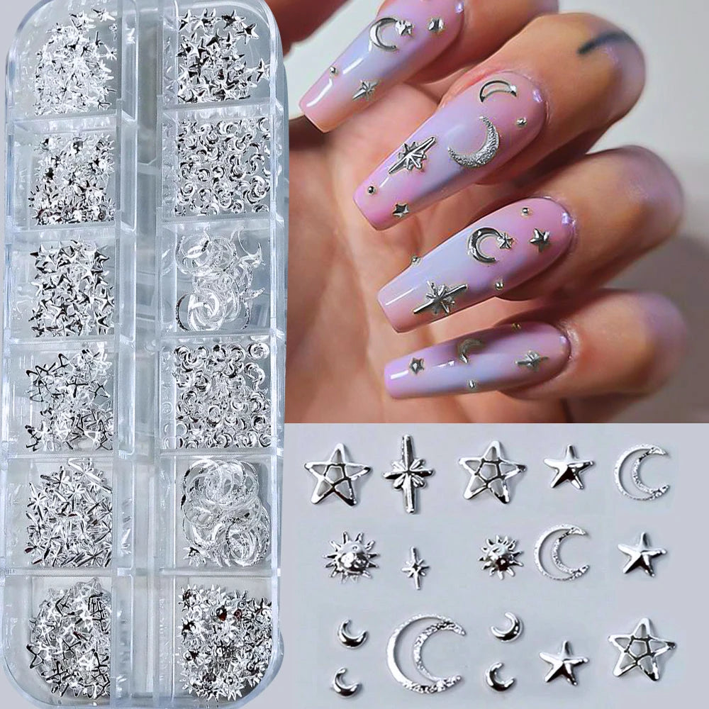 1000Pcs-12grids 3D Gold Silver Star/Cross Nail Rivet Studs Alloy Metallic Starlight Nail Charms Y2K 3d Cross/Star Manicure Rivet