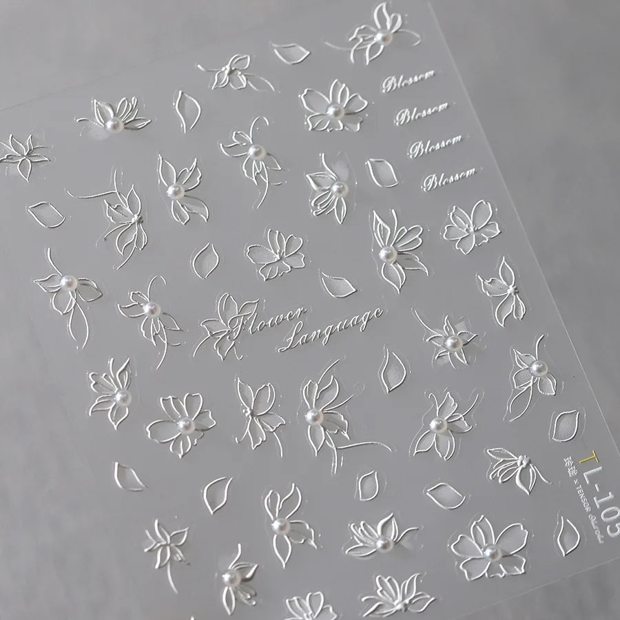 Elegant Flowers Nail Art Stickers 5D Crystal Diamond Nails Decorations Stickers Tassel White Pear Blossom DlY Autumn Nail Decals