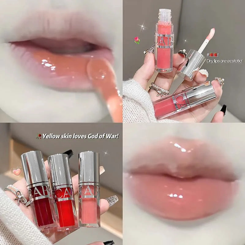 Mirror-like, moisturizing glass lip gloss with long-lasting, clear, plumping, and lip line-reducing properties. Lip gloss.