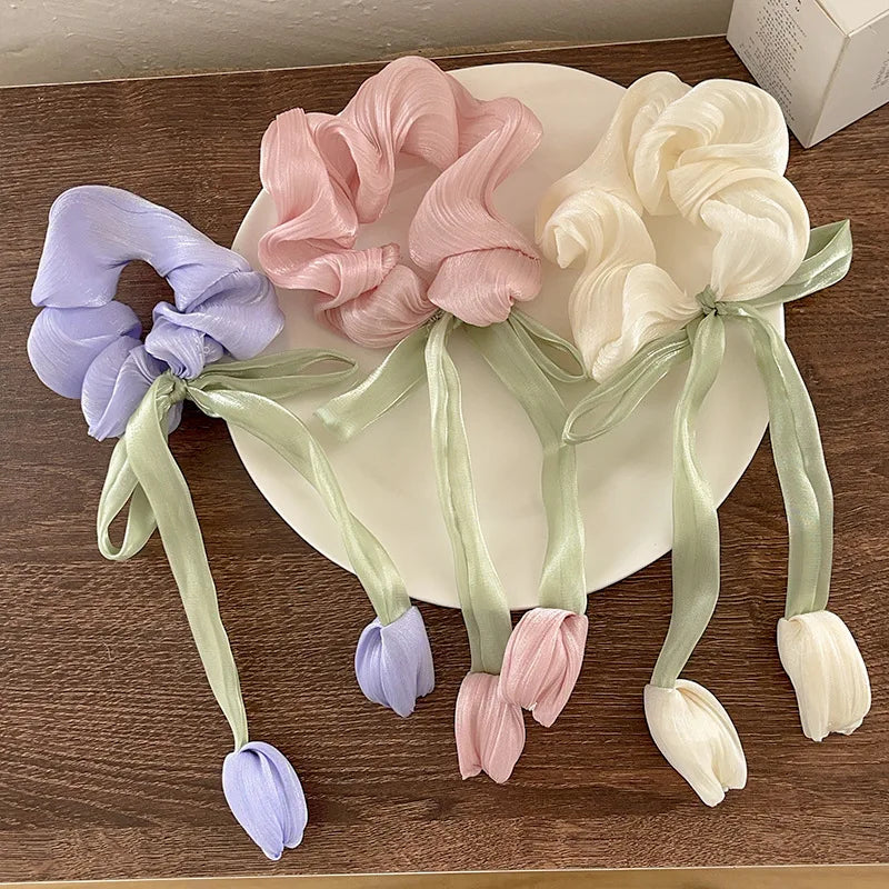 Women Girls Cute Hair Bands Korea Preppy Style Hair Ties Elegant Tulip Scrunchie Ponytail Holder Bow Chouchou Hair Accessories