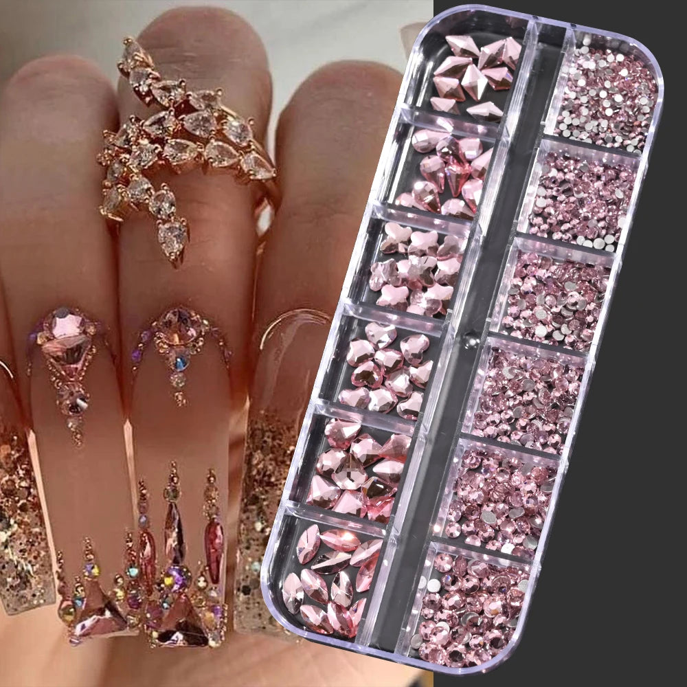 12Grids Pink Mixed Nail Rhinestones Luxury Nail Charms Glitter Crystal Jewelry Gems Nail Art Decoration DIY Manicure Rhinestones