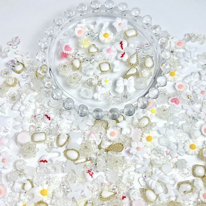 100Pcs Mixed Cute Cartoon Nail Charms 3D Resin Flower Bow Fruit Nail Art Decorations Manicure DIY Phone Case Accessories