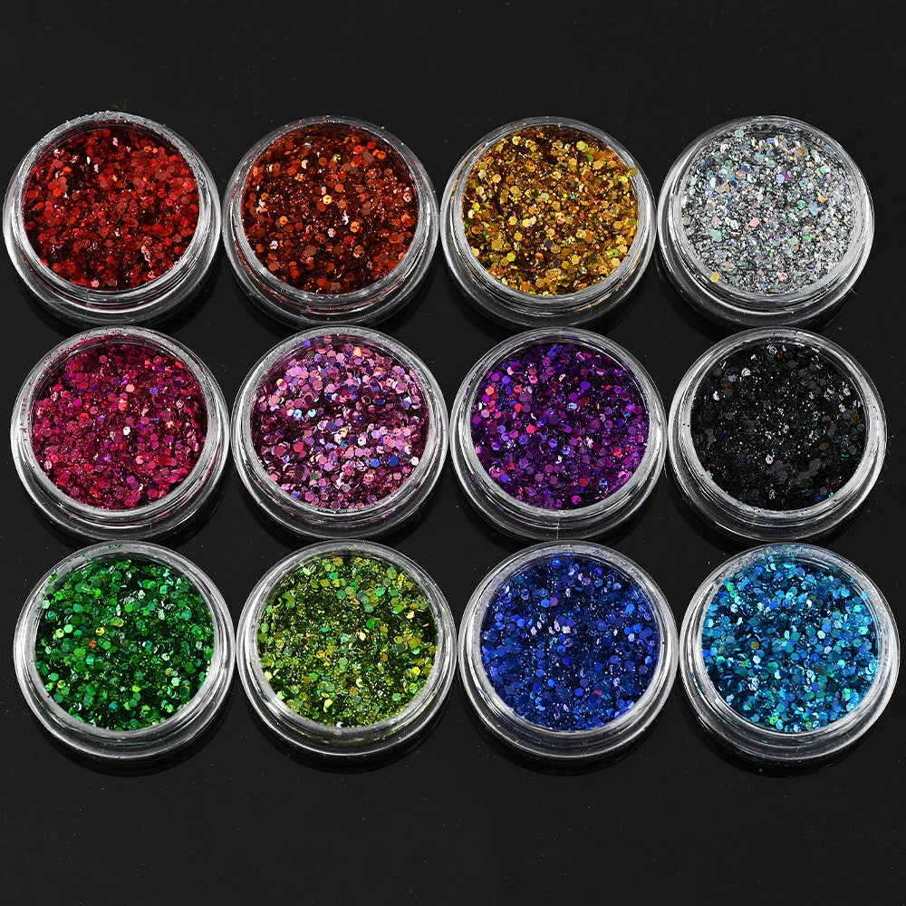 12Pcs Iridescent Nail Art Glitter Sequins Holographic Mix Hexagon Chunky Flakes DIYGel Polish Crafts Manicure Decorations Powder