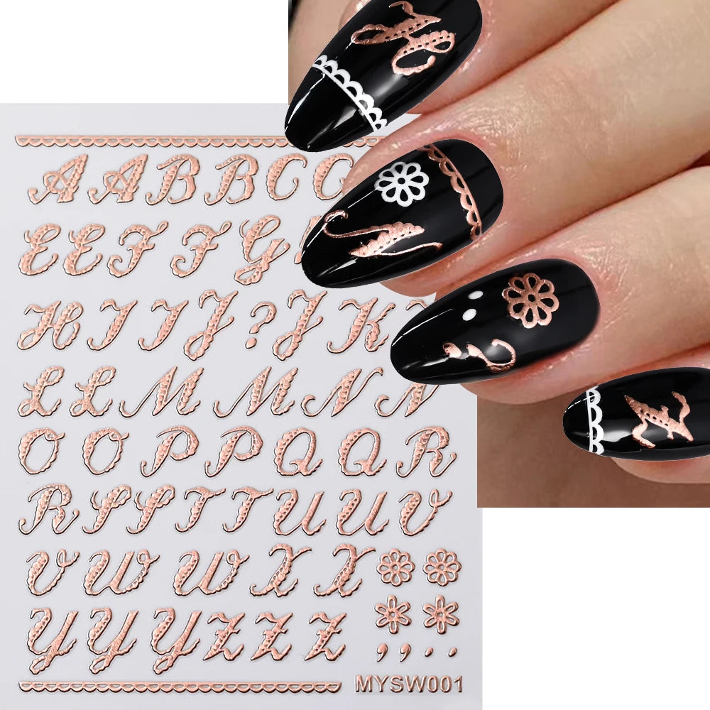 1Pc 3D Roman Letter Nail Stickers Gold/Silver/Black/Laser Alphabet Self Adhesive Decal Y2K English Words/Number Manicure Sliders