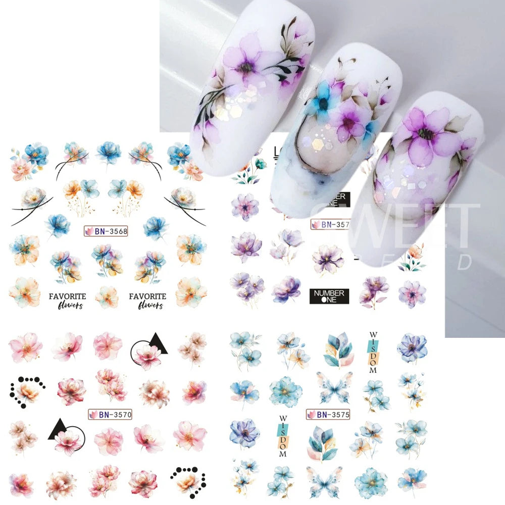 12 Design Ink Flowers Water Transfer Nail Stickers Decals Patchwork Animal Bear Nail Sliders for Women DIY Manicure Decorations