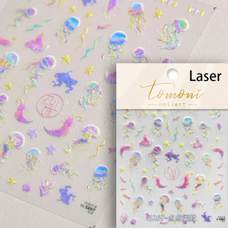 Sea Wave Jellyfish Starfish Conch Shell Dolphin Pearl Summer Beach Goldfish Water Bubble Mermaid Koi INS Nail Art Stickers Decal