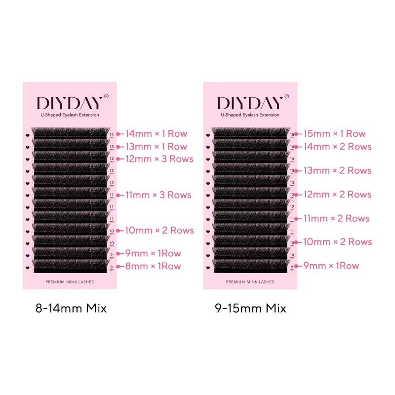 DIYDAY U-shaped YY Eyelash Extension Premium PBT Double Layer U Sahpe YY Lashes Ultra Soft Featherlight False Mink Eyelashes