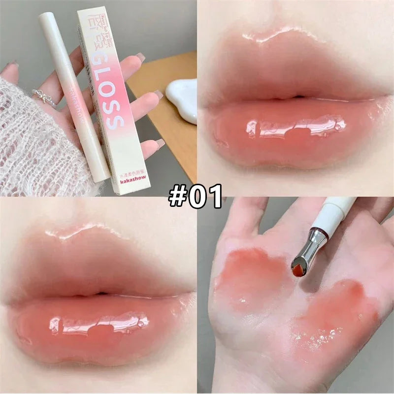 Kakashow Mirror Watery Lip Gloss Iron Brush Head Jelly Lipgloss Moisturizing Lip Tint Lipstick Nature Nude Lips Makeup Cosmetics