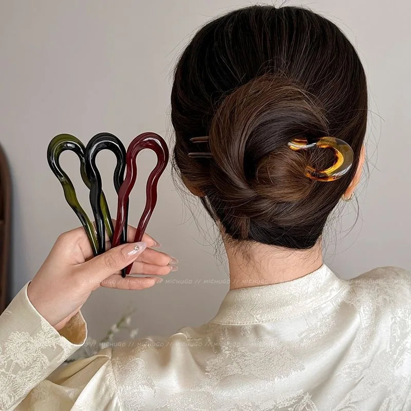 U-Shaped Hair Fork Fashion Tortoiseshell Acetate Hairpin Women Geometric Headwear Hair Sticks Girls New Hair Clips Accessories