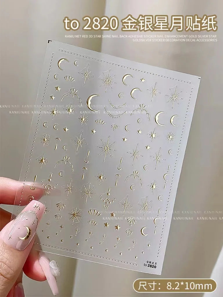 3D Gold Silver Star Nail Art Stickers Black White Crescent Moon Decals Self Adhesive Slider Polish Stickers Manicure Decoration