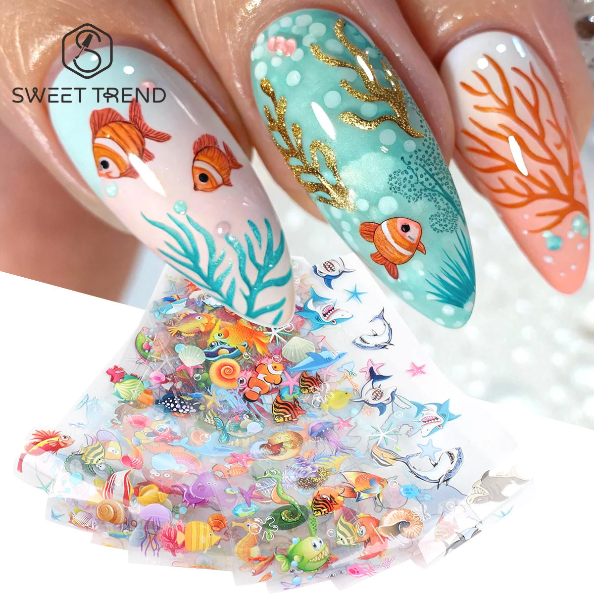 10pcs Adorable Marine Life Nail Transfer Foils Clownfish Starfish Conch Starry Sky Paper Summer Ocean Sliders Manicure Tattoos