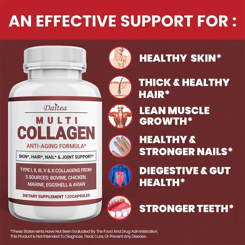 Multi-Collagen Peptides Powder with Collagen Types I, II, III, V and X, Hair, Nails and Joint Support, Anti-Aging