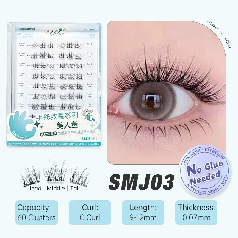 Yelix Self-adhesive Glue Free False Eyelashes Reusable DIY Segmented DIY Lashes Clusters No Glue Needed Natural Soft Lashes