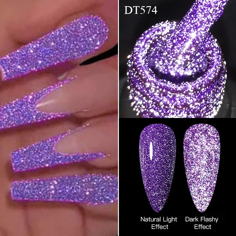 MEET ACROSS 7ml Pink Fluorescent Reflective Gel Nail Polish Glitter Neon Semi Permanent UV LED Gel Nail Art Varnish Manicure