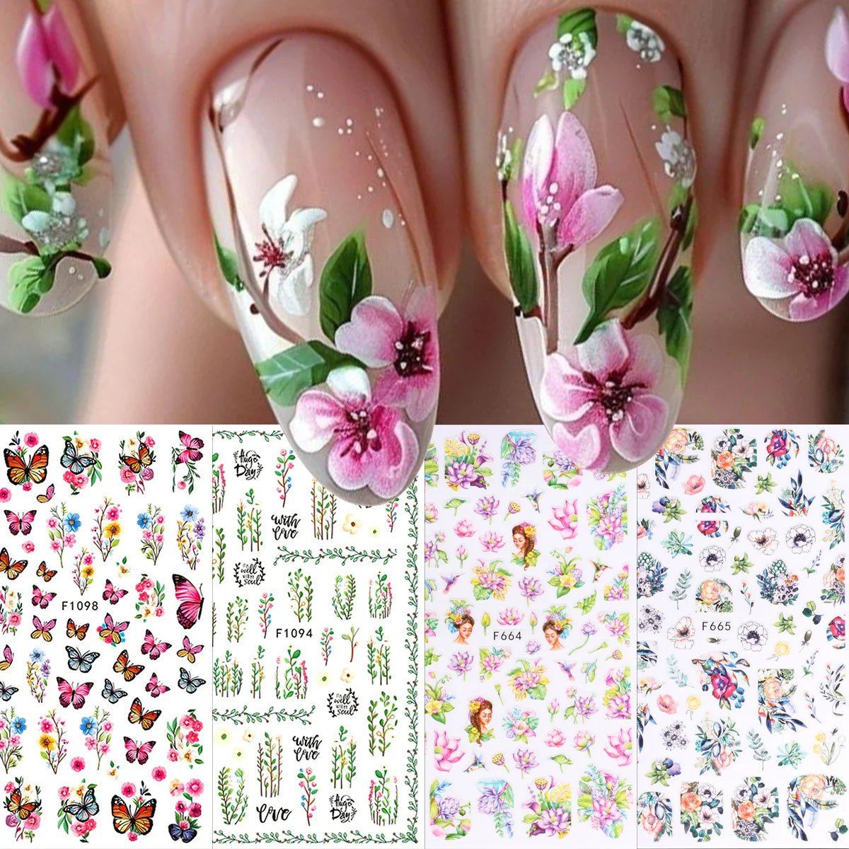 4pcs Spring and Summer Flower Nail Art Stickers - Easy to apply for nail decoration, DIY, gift, wedding party makeup, Y2K