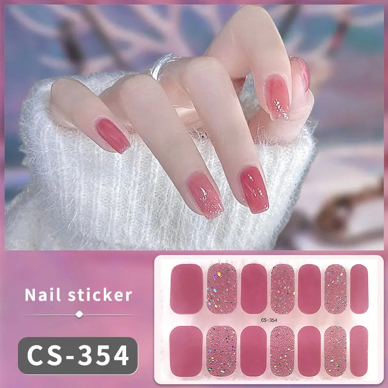Pink Glitter Design Baking-free Nail Stickers French Style Solid Color Adhesive Full Cover Nail Strip Slider DIY Manicure Decals