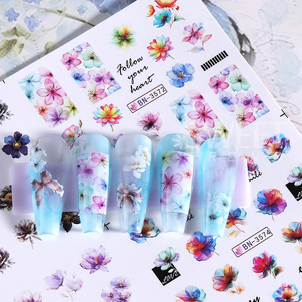 12 Design Ink Flowers Water Transfer Nail Stickers Decals Patchwork Animal Bear Nail Sliders for Women DIY Manicure Decorations