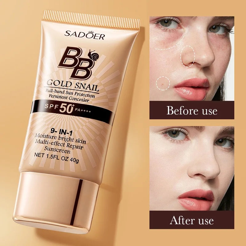 SADOER Gold Snail Sunscreen BB Cream Foundation Concealer Moisturizing Isolation Cream SPF50+PA+++ 40g