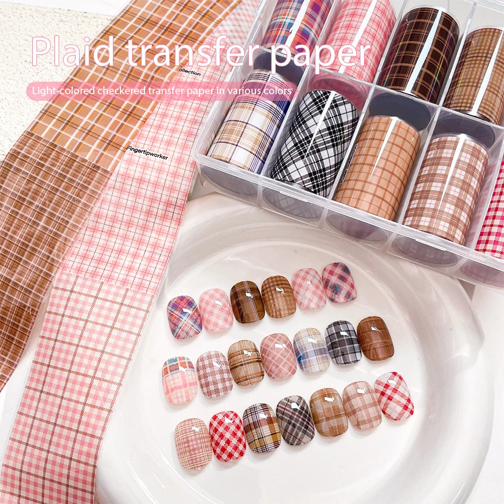 Kaniu 10Rolls Artistic Plaid Nail Transfer Foils Sweet Bohemian Nail Stickers Metallic Decals Manicure Design Fashion Nail Art