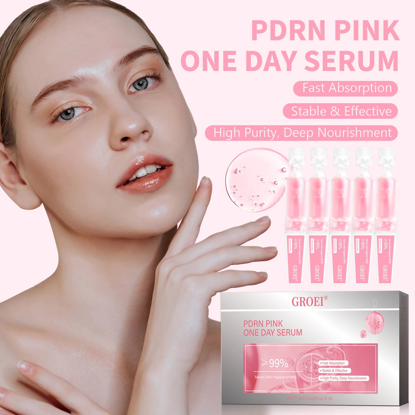 10pcs/Box PDRN Pink One Day Serum Deep Moisturizing,Repairs,Brightens,Reduces Sagging Skin Care Essence Multi-effect Benefits