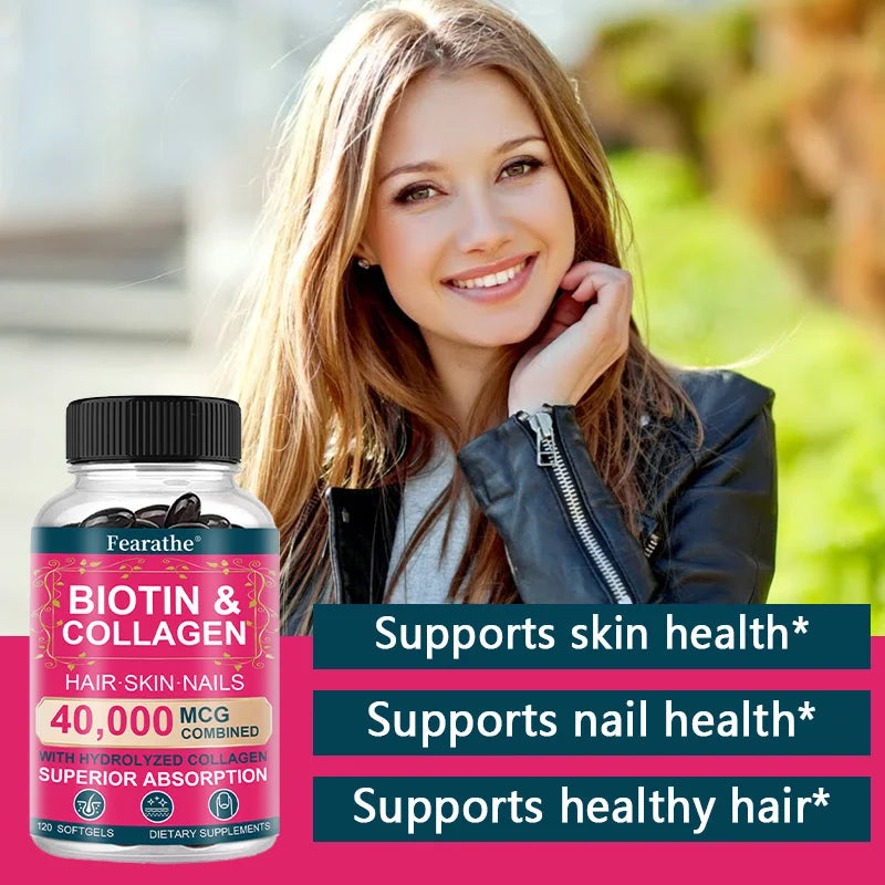 Biotin Collagen Supplement - Hair Growth Support, Skin & Nails - 40000 mcg with Vitamins B Complex, Hyaluronic Acid & Keratin