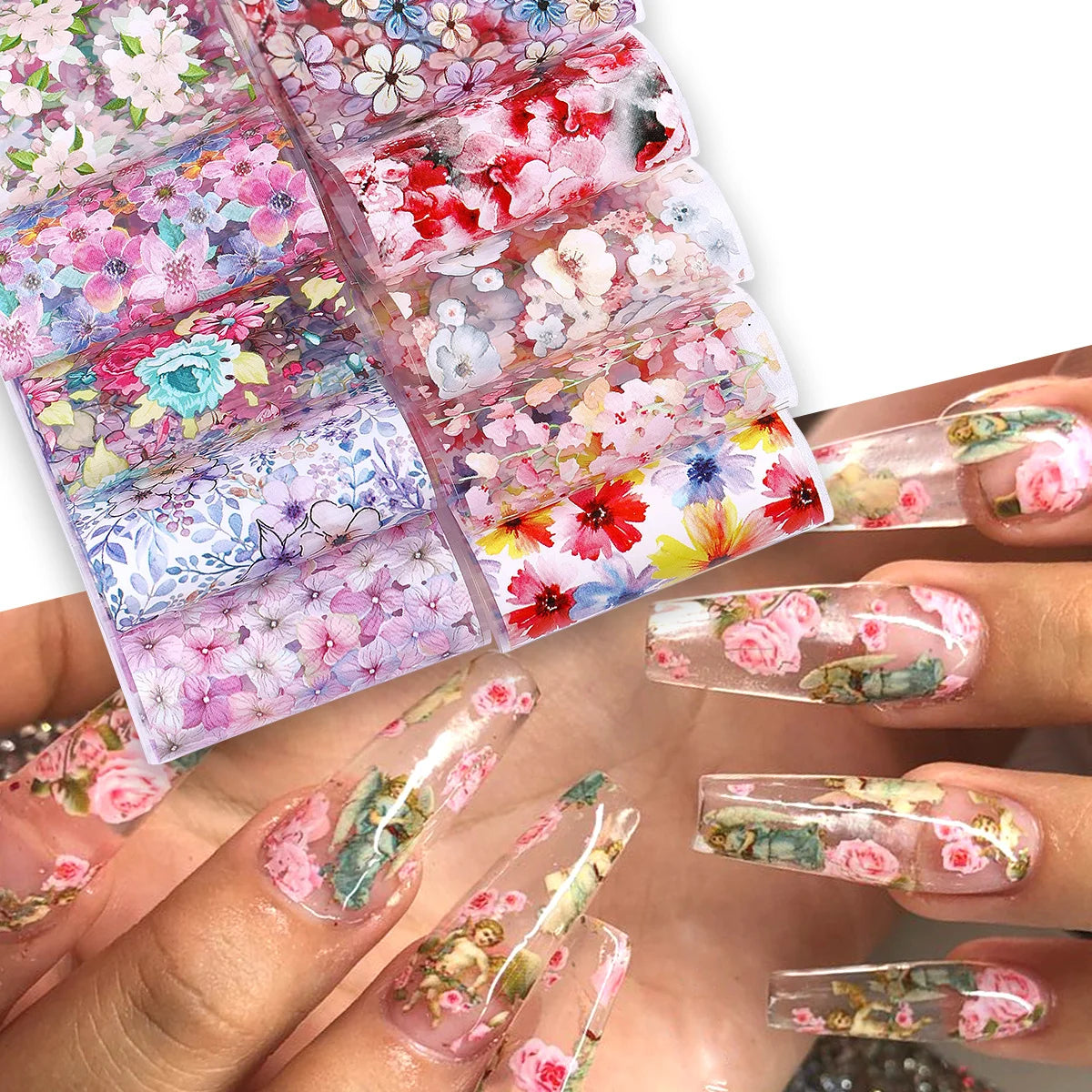 10pcs Clusters of Flowers Nail Foils Transfer Stickers Vintage Floral Design Romantic Starry Sky Paper Elegant Manicure Sliders