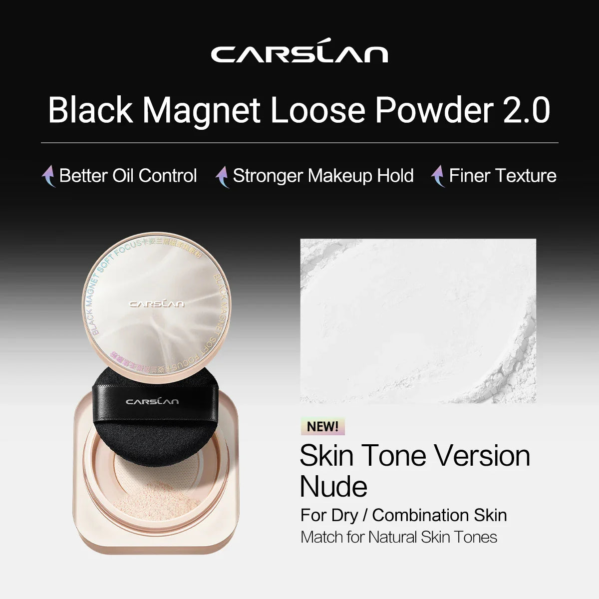 CARSLAN Black Magnetic Translucent Loose Setting Powder Makeup Waterproof Long Lasting Matte Oil Control Finishing Face Powder