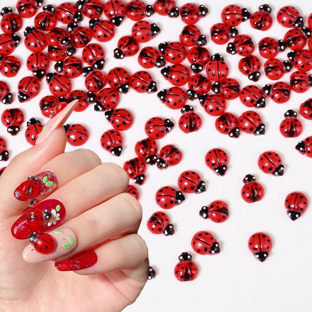 50Pcs Cute Insect Ladybug Nail Charms 3D Resin Ladybugs Nail Art Rhinestones 8*10mm Summer Manicure Decoration Ladybug DIY FT5*