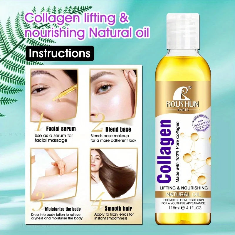 118ml Collagen Face Serum Oil Body Massage Oil Nourish Natural Body Oil,Moisturize Skin&Hair Essence,Smooth Skin,Firming Massage&Hair Care