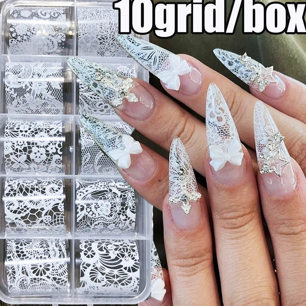 10Rolls/box White&Black Sexy Lace Flowers Nail Art Foils 4x25cm Lace Transfer Foils Starry Sky Paper DIY Women Lace Slider&*&
